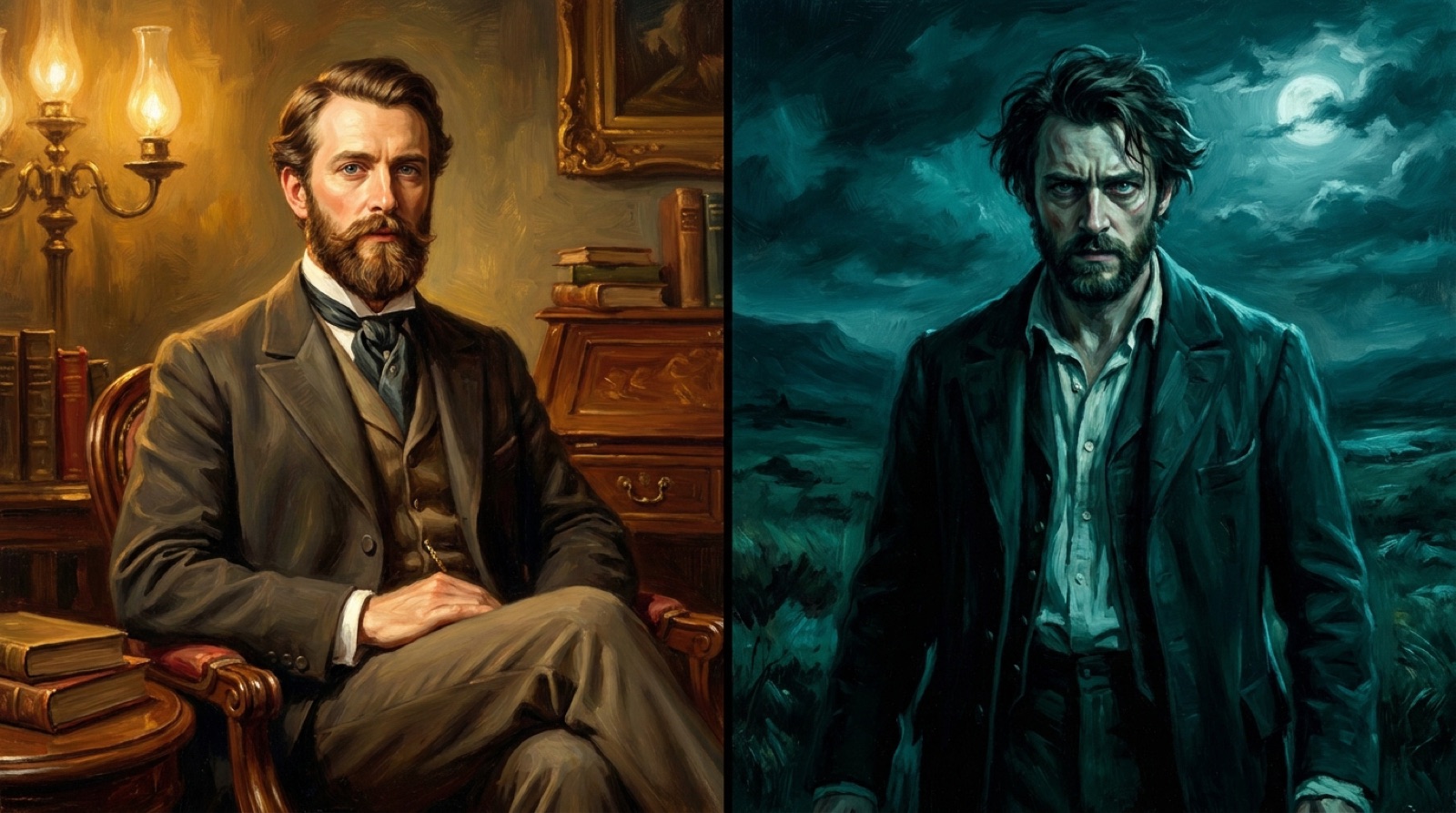 Split portrait of a Victorian gentleman, half calm in warm light, half wild in cold shadow